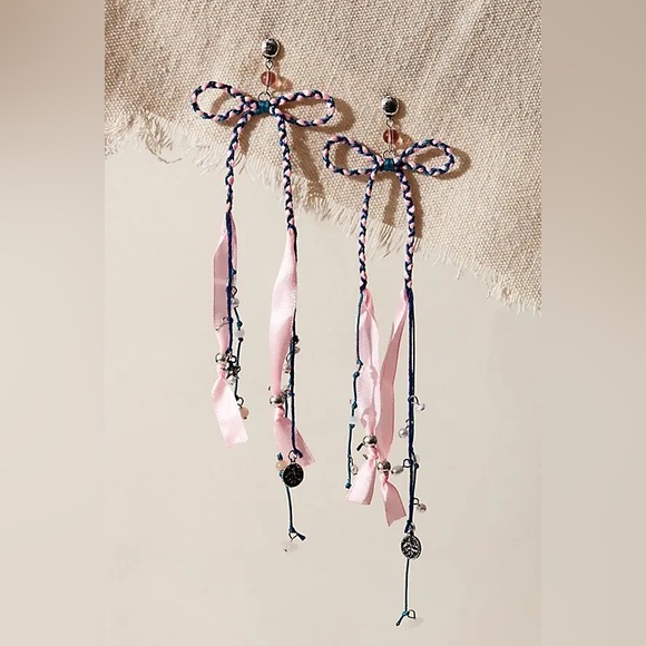 NWT FREE PEOPLE Candy Baby Bow Dangle Earrings - Pink/Blue - Picture 1 of 4